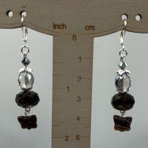 Art Glass, Zebra Marble Stone Butterflies & Crystal Dangle Earrings